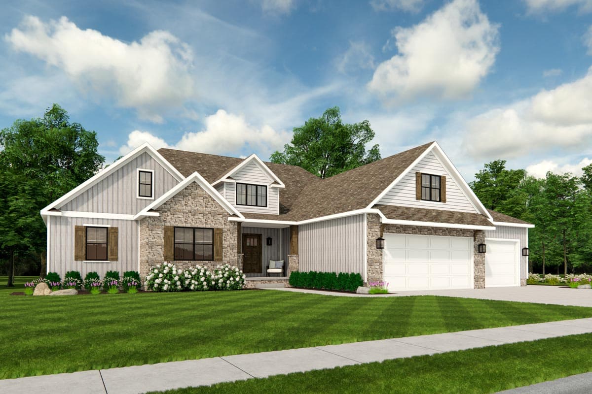 House plan exterior with stone accents, a gable roof, and attached garage. Features a covered porch and dormers on a two-story home.