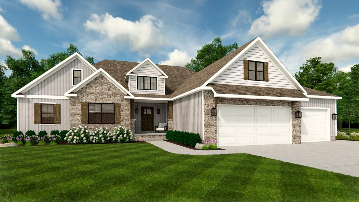 House plan exterior: Modern Farmhouse style, one story, with stone and vertical siding, gables, dormers, covered entry, and a three-car garage.