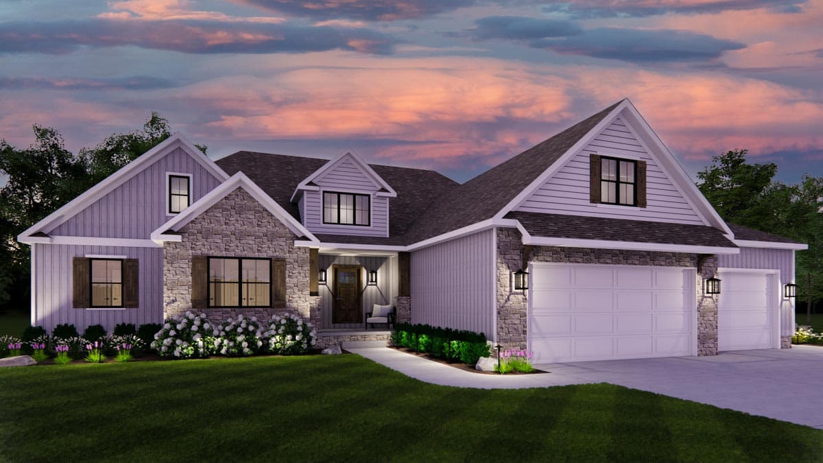 House plan exterior: Modern Farmhouse style, 1.5 stories, stone accents, gables, dormer, and triple garage.