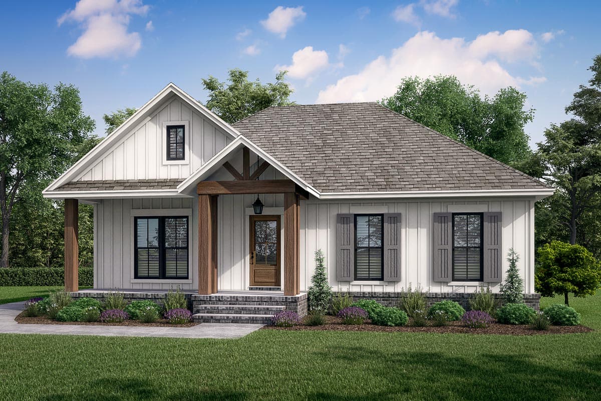 House plan exterior. A single-story farmhouse with a front porch supported by timber columns, gabled roof, and decorative shutters.