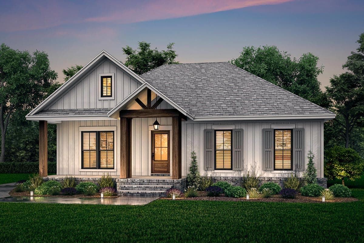 Modern Farmhouse house plan exterior: one story, board and batten siding, gabled dormer, covered porch with timber accents.