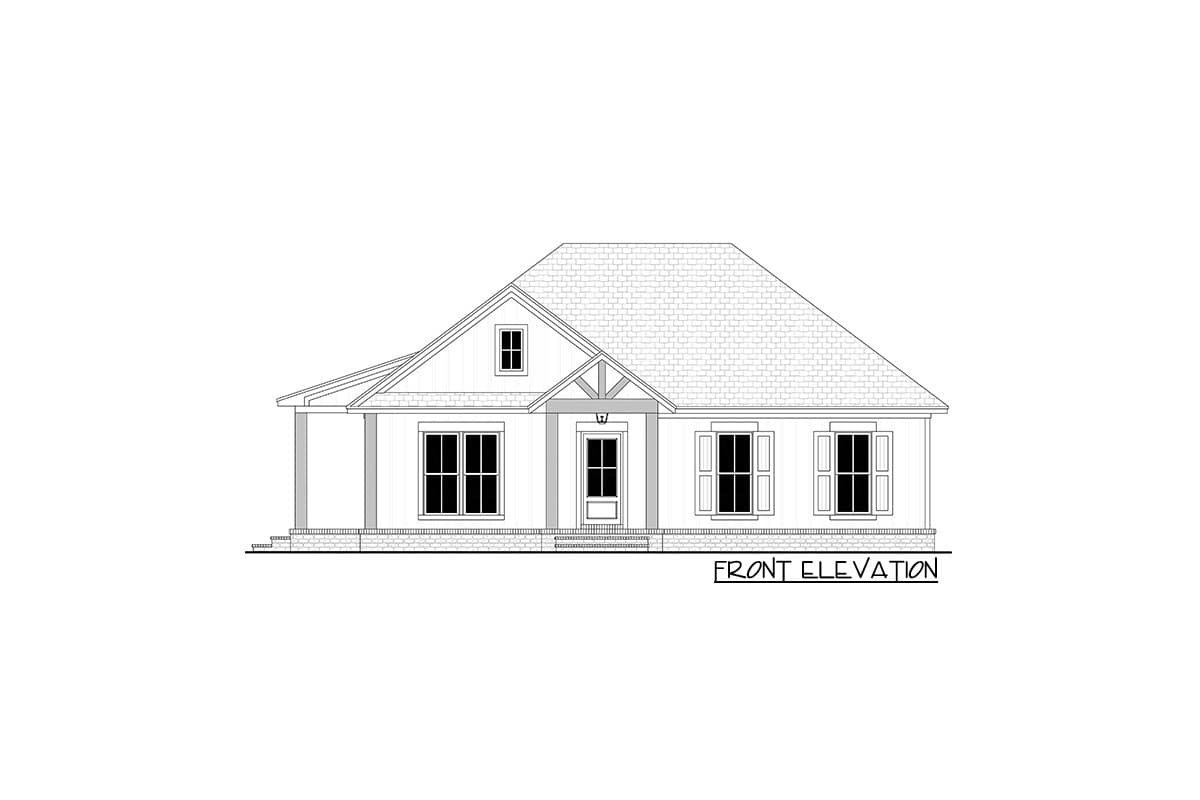 Front elevation drawing of a one-story house with a prominent gable, covered entryway, and multiple windows.