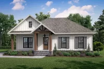 2-bed Craftsman Starter Home Plan with Garage In Back