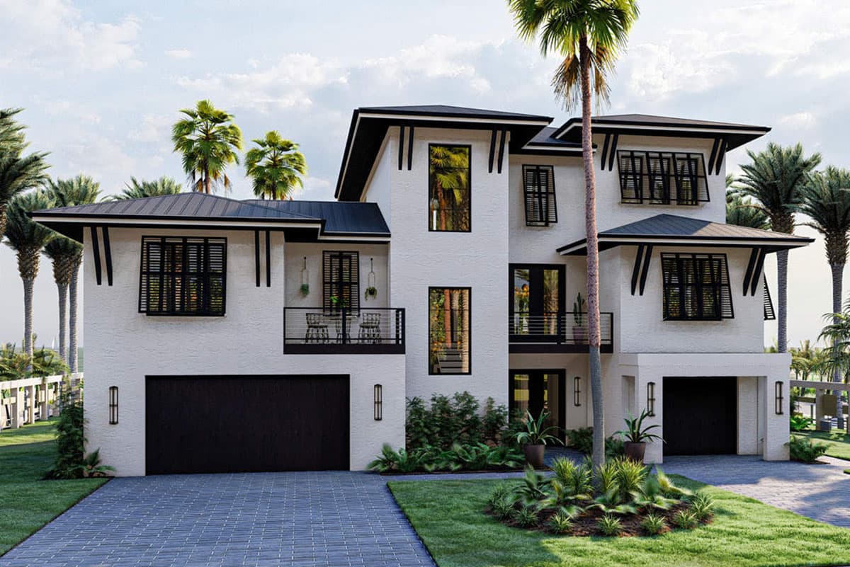 House plan exterior featuring a two-story modern design with black trim, a flat roof, and two garage bays. Includes balconies.