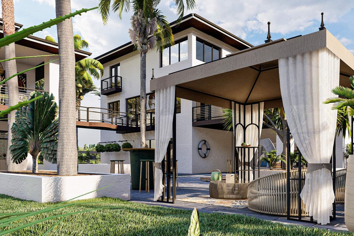 Modern house plan exterior with balconies, covered patio, and connecting walkway between buildings.
