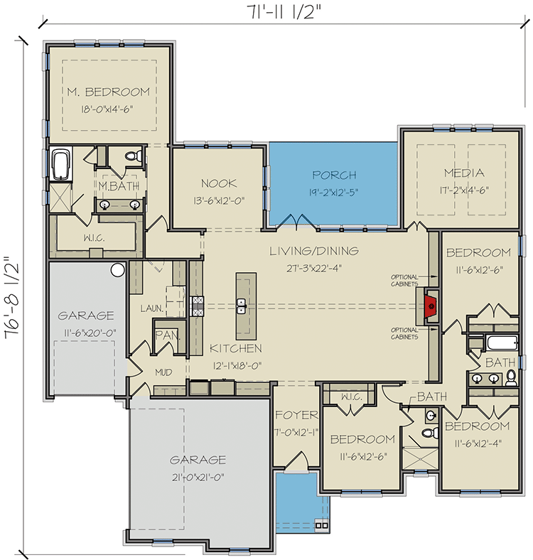 Plan 25417TF: 4-Bed New American Ranch Plan with Media Room - Floor Plan - Main Level - Acadian, Louisiana-Style, New American, Ranch, Southern