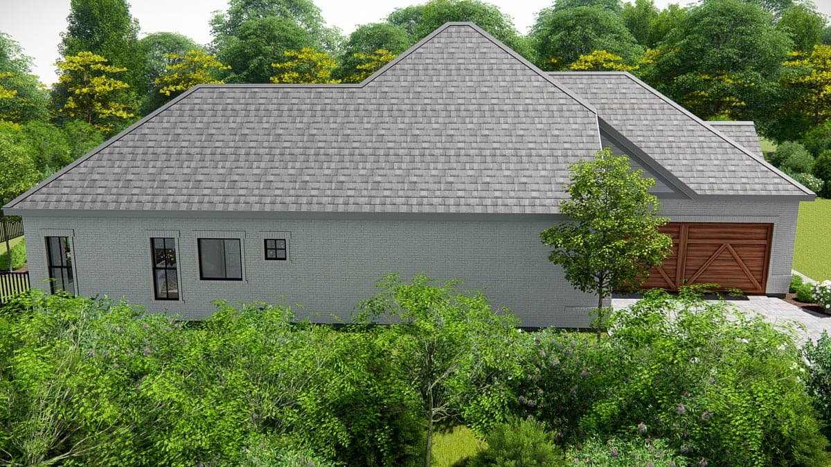 House plan exterior: one-story, brick, gabled roofline, side-entry garage with wooden doors.