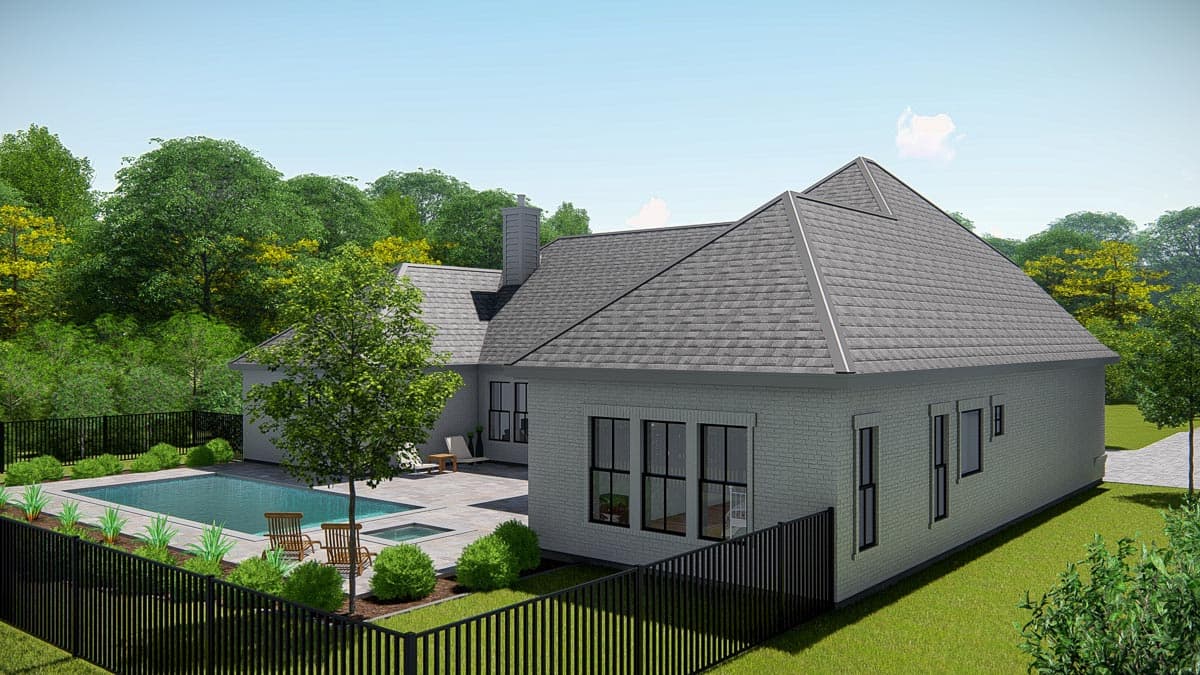 House plan exterior: One-story modern ranch with white brick facade, gabled roof, chimney, and swimming pool.