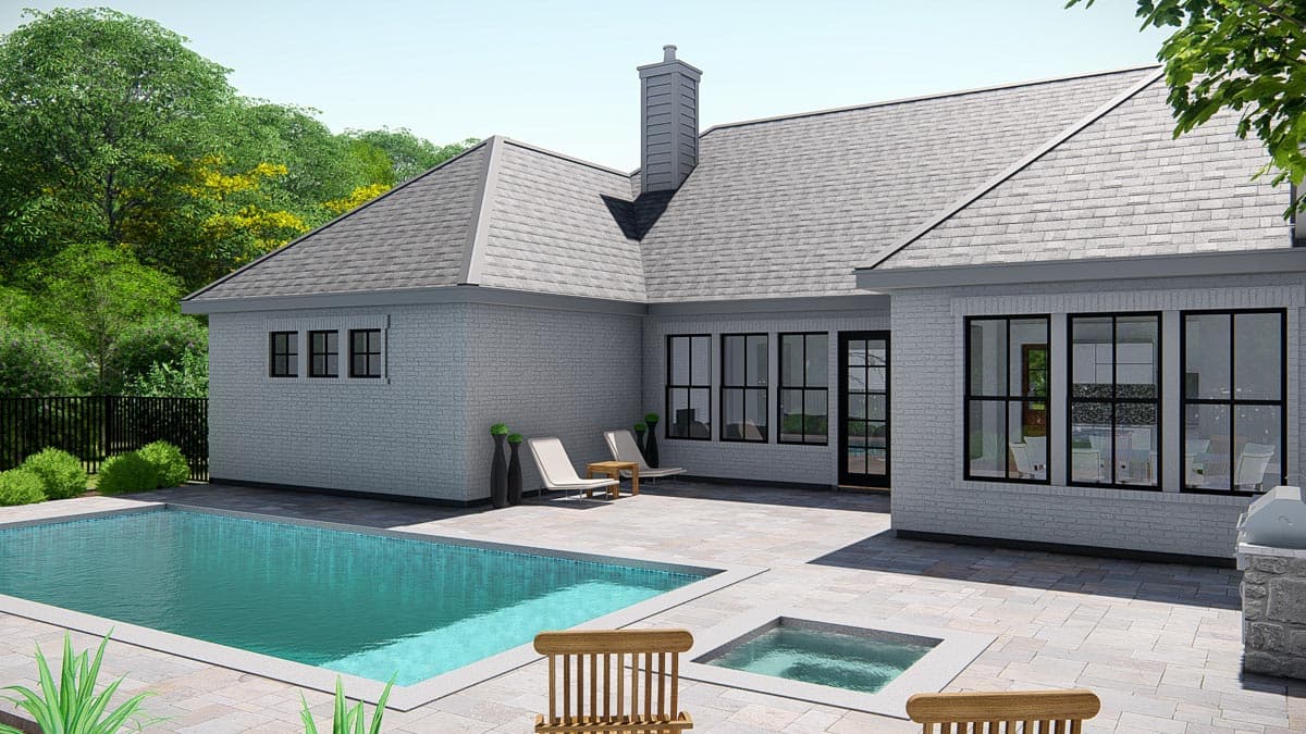 House plan exterior rendering with white brick, large windows, gabled roof, chimney, pool, and patio.