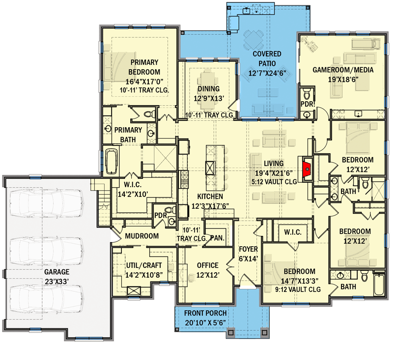 Plan 25418TF: One-Level New American Craftsman Home Plan with Home Office and Media Room - Floor Plan - Main Level - Craftsman, New American, Ranch