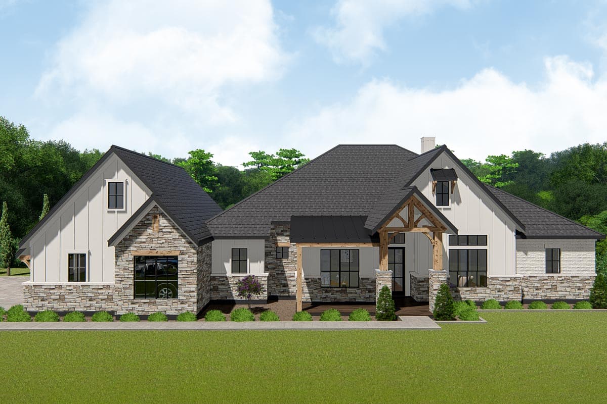 Modern Farmhouse style house plan exterior with stone and board-and-batten siding, a pitched roof, and a timber-framed covered entry.