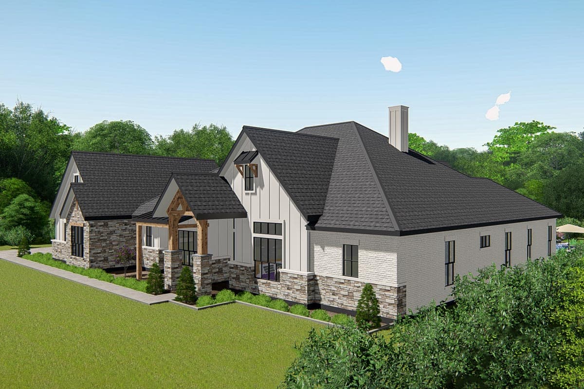 House plan exterior of a Modern Farmhouse style home with a covered porch, stone accents, and multiple gables.