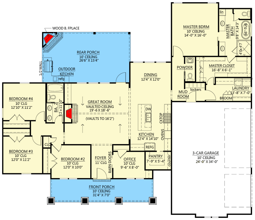 Plan 56486SM: 4-Bed Craftsman-Influenced Farmhouse Plan with Vaulted Great Room - 2300 Sq Ft - Floor Plan - Main Level - Country, Craftsman, Modern Farmhouse, New American