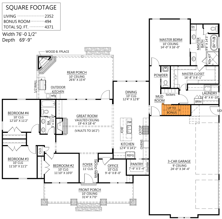 Plan 56486SM: 4-Bed Craftsman-Influenced Farmhouse Plan with Vaulted Great Room - 2300 Sq Ft - Floor Plan - Main Floor - Bonus
Option Stairs Location - Country, Craftsman, Modern Farmhouse, New American
