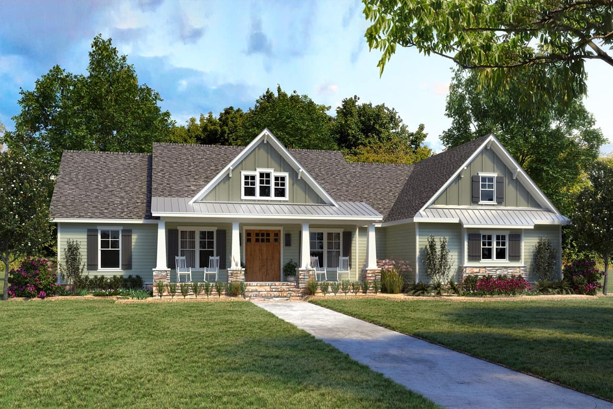 House plan exterior. Ranch style with multiple gables, a covered porch, and a side-entry garage. Features include shutters and dormers.