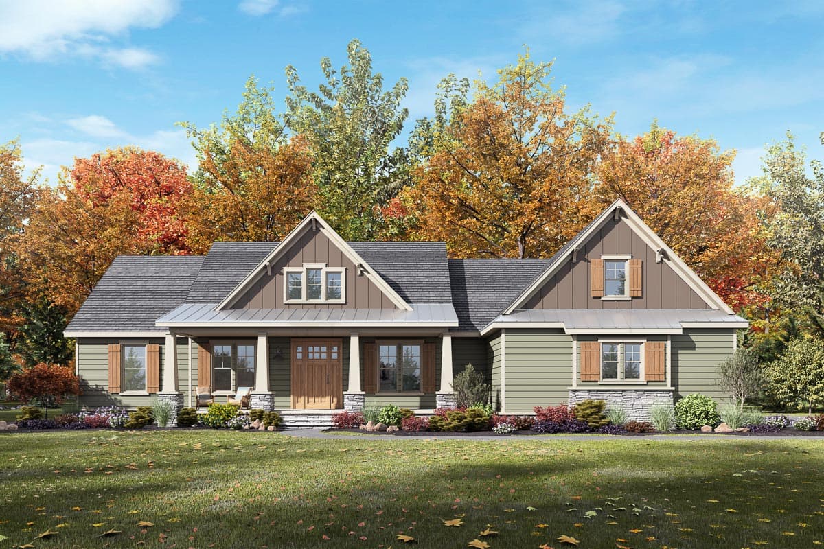 Craftsman house plan exterior, one story, with wide porch, gables, dormers, and stone accents.
