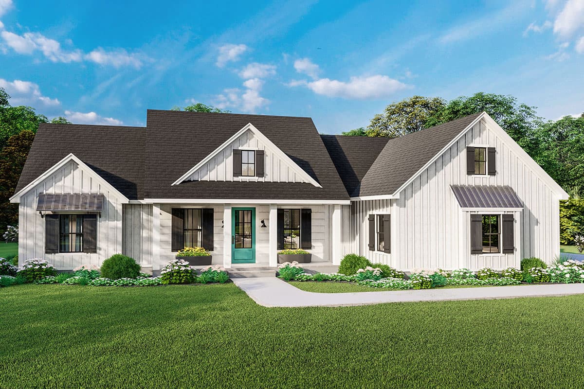 Modern Farmhouse house plan exterior with board and batten siding, gable roofs, dormers, and a covered porch.