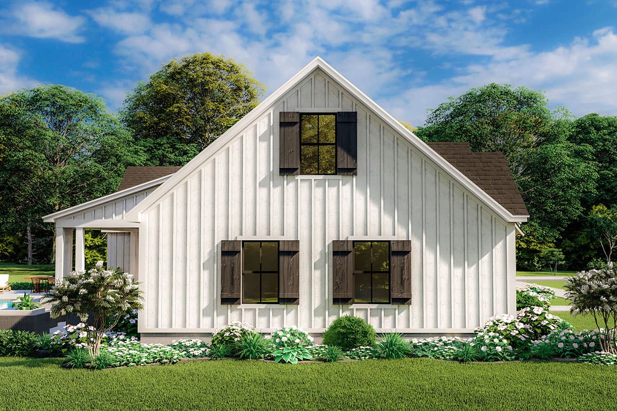 Modern Farmhouse house plan exterior, two stories, vertical siding, gable roof, prominent dormer, and covered porch.