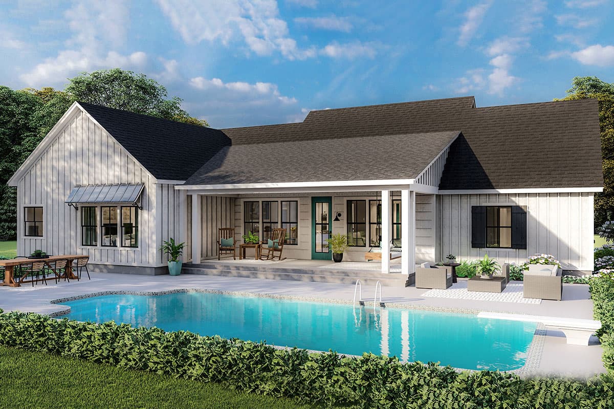 Modern Farmhouse house plan exterior with a covered porch, board and batten siding, and a swimming pool.