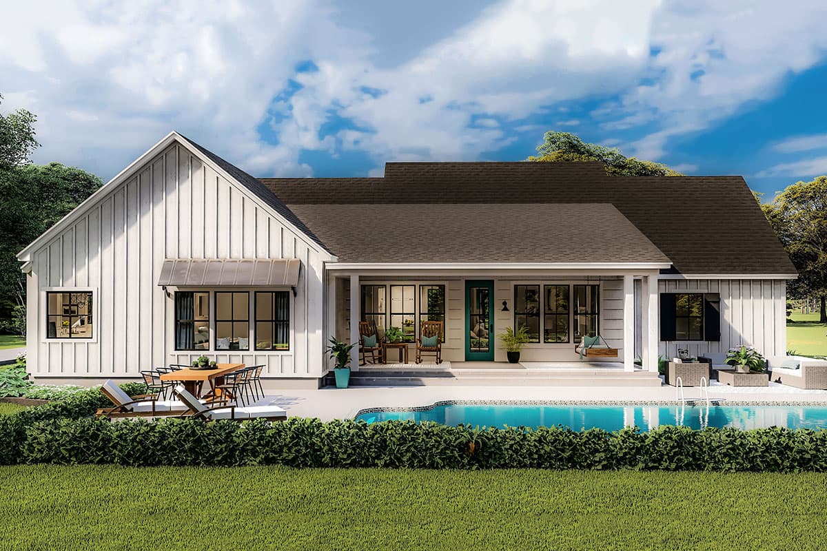 Modern Farmhouse house plan exterior, one story, with gabled roof, board and batten siding, covered porch, and large windows.