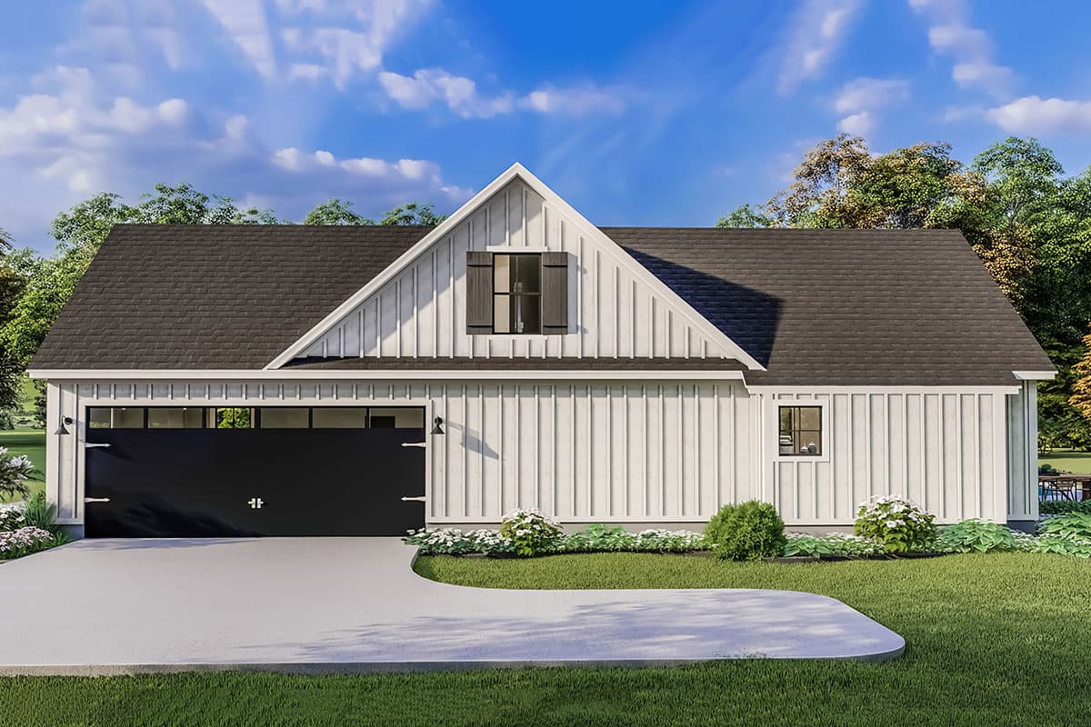 House plan exterior: Modern Farmhouse style, one story, with a large black garage door, board and batten siding, and a prominent gable.