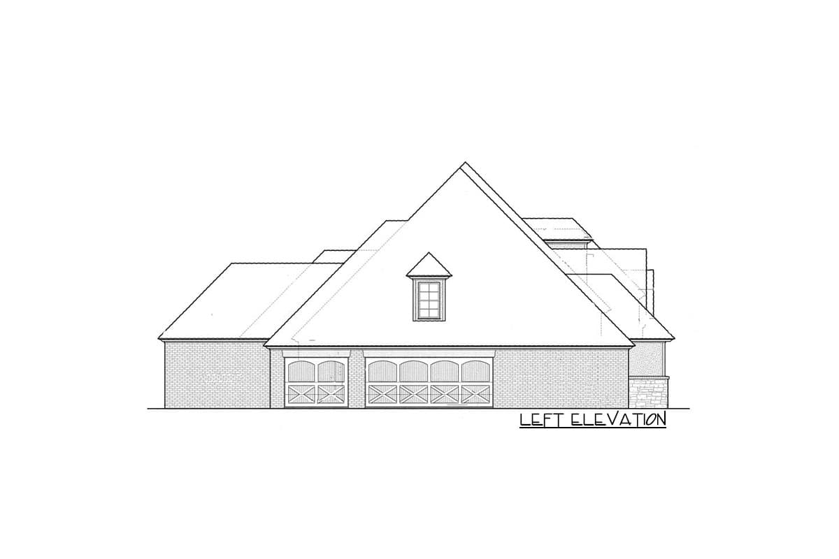 Left elevation drawing of a house plan featuring brickwork, a dormer window, and a three-car garage.