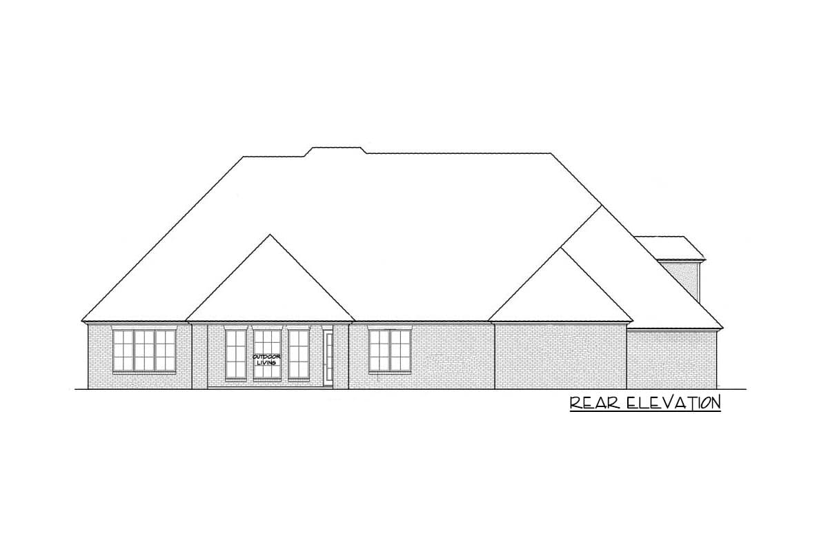 Rear elevation drawing of a house plan featuring a brick exterior, a prominent gable, and French doors labeled "Outdoor Living."