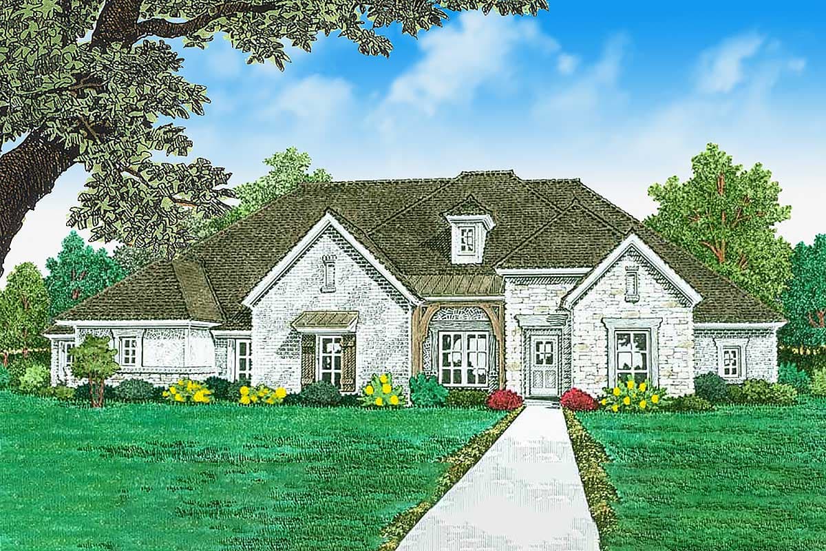 House plan exterior. One-story home with a brick facade. Features include a front porch with timber-framed accents, multiple gables, and a dormer.