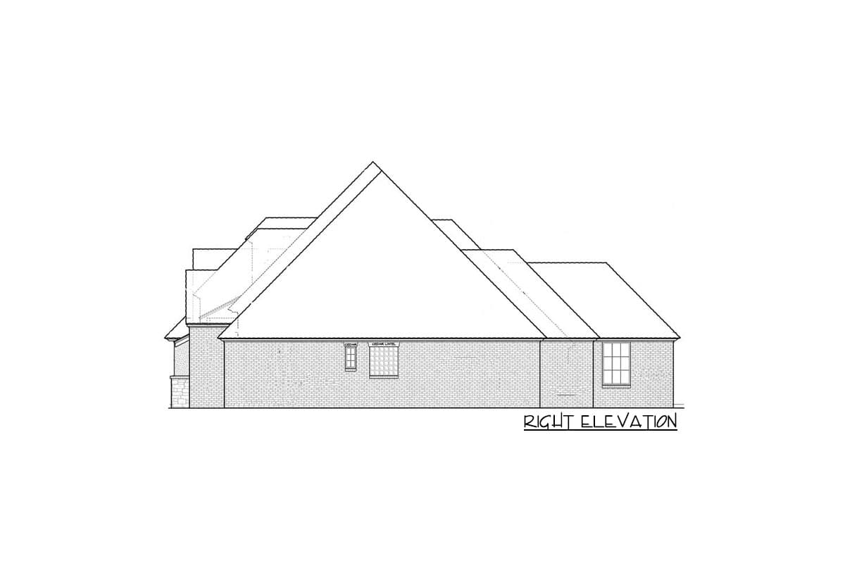 Right elevation drawing of a two-story house plan with brick exterior, layered rooflines, and multiple gables.
