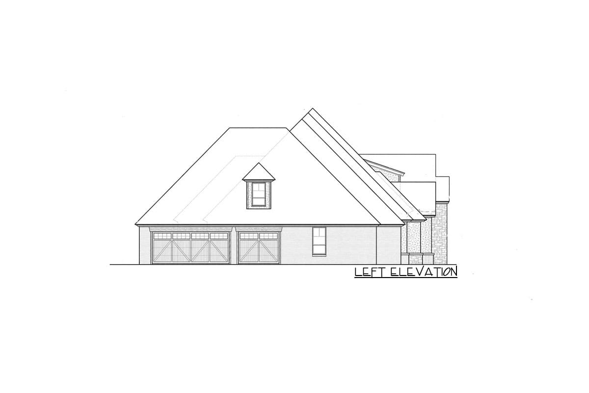 Left elevation drawing of a house plan with a dormer, two garage doors, and stone accents.