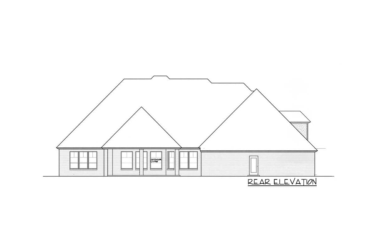 Rear elevation drawing of a one-story house with multiple gables, a covered outdoor living area, and double-hung windows.