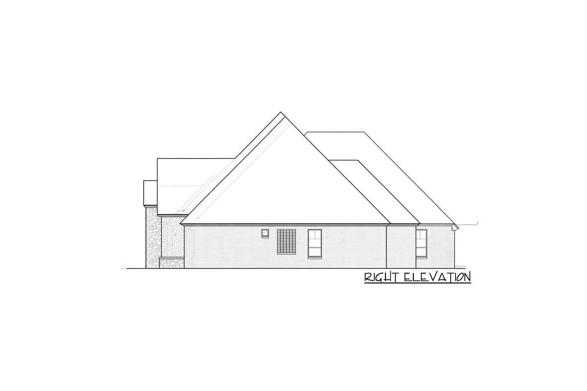 Right elevation drawing of a house plan showing stone and siding exterior, multiple gables, and various windows.