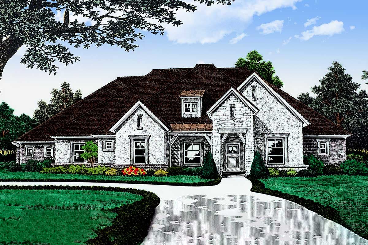 House plan exterior. One-story house with gabled roof, stone facade, dormer, and covered front entry. Asphalt shingle roof.