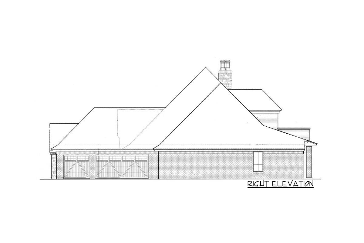 Right elevation drawing of a house plan with a brick exterior, gable roof, chimney, and three-car garage.
