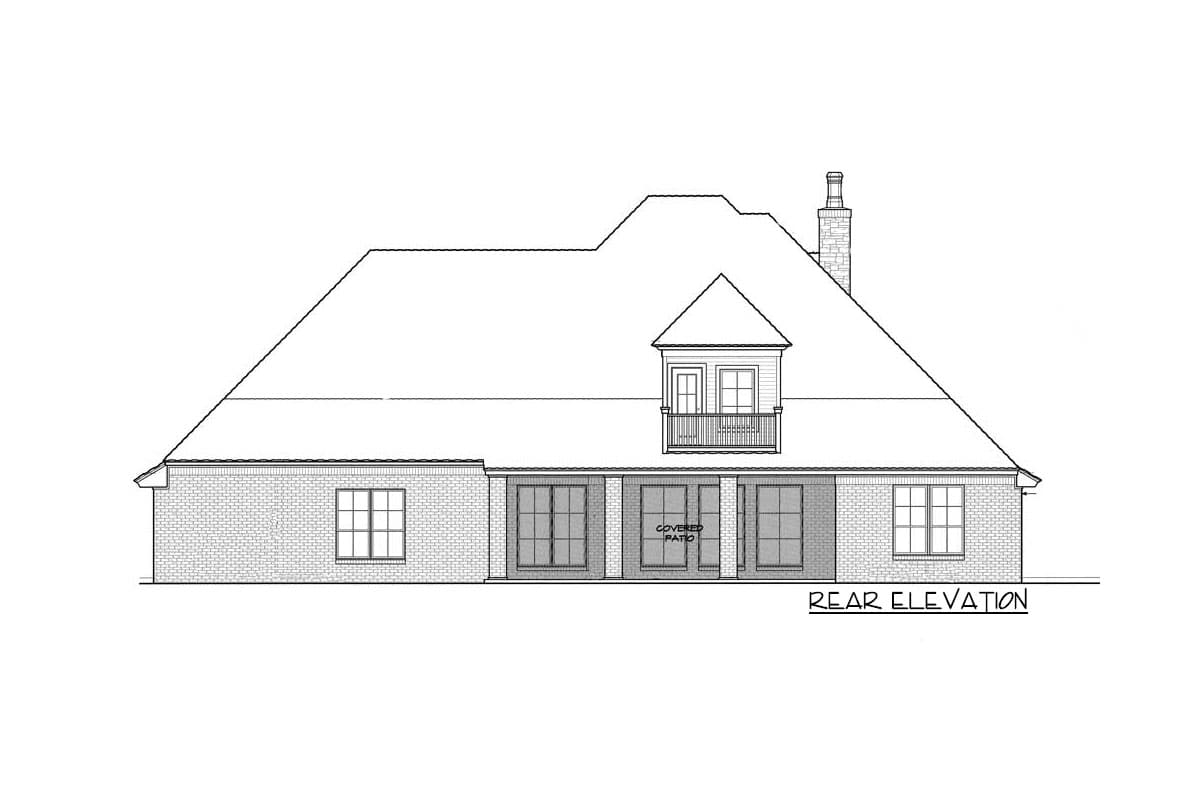 Rear elevation drawing of a house with brick exterior, prominent hip roof, dormer with balcony, and covered patio.