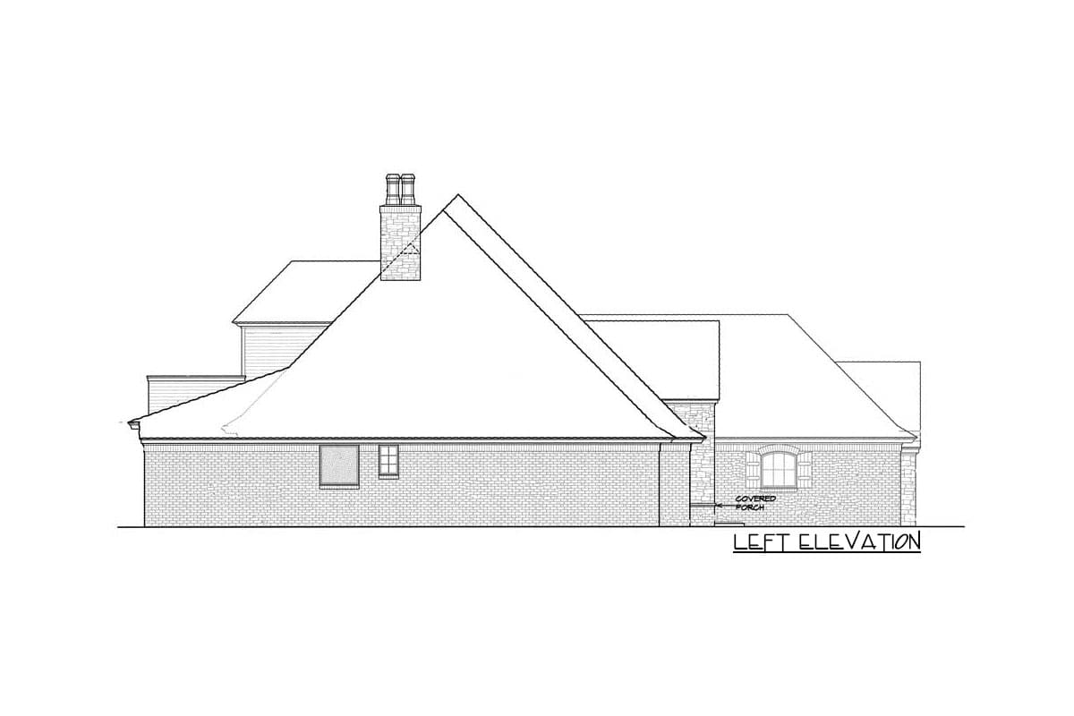 Left elevation drawing of a brick house with a large gabled roof, dormer, and chimney.