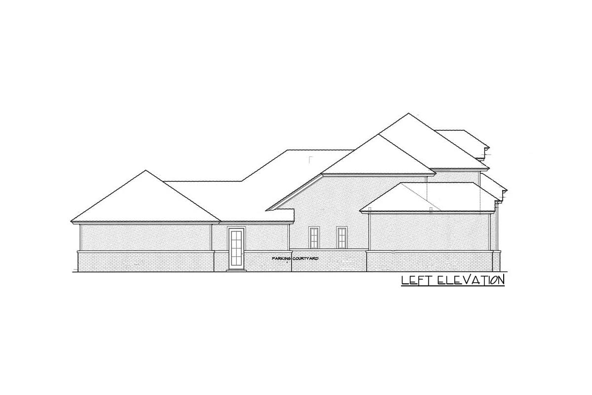 Left elevation drawing of a house plan featuring a complex roofline, brick exterior, and a single door.