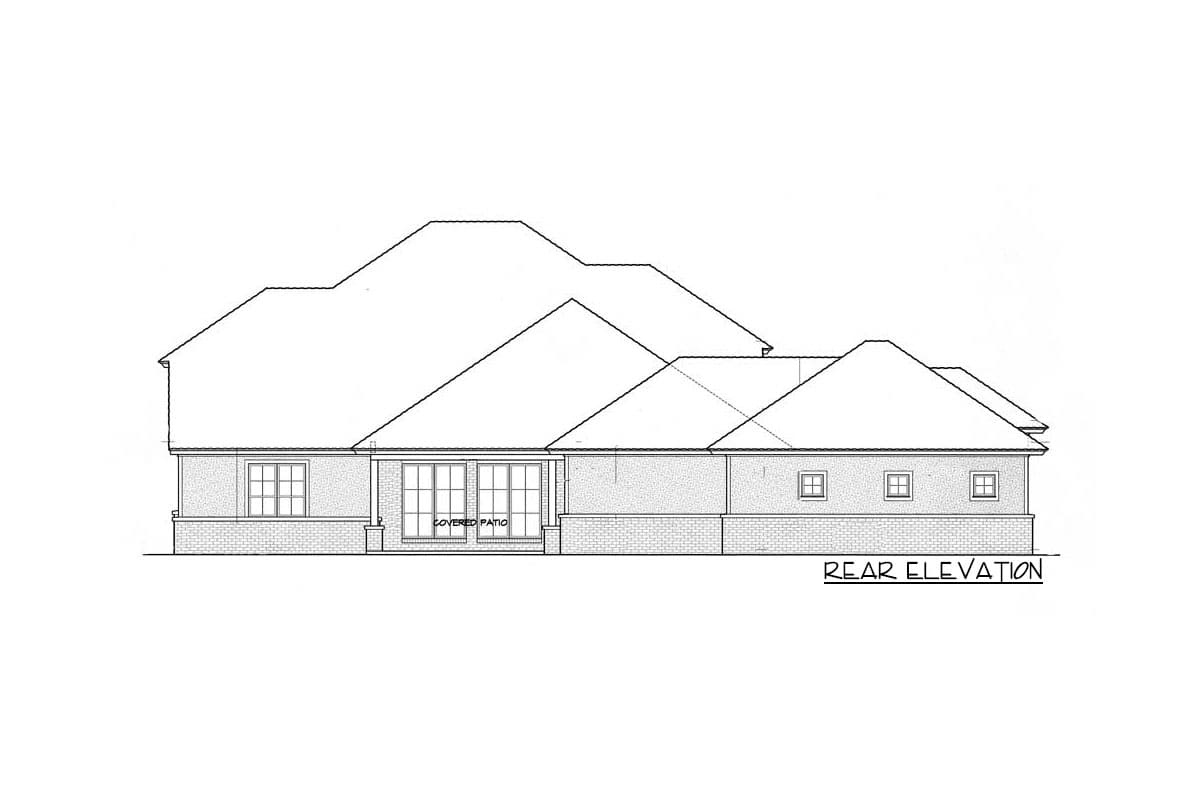 Rear elevation house plan showing a one-story structure with multiple gables, brick facade, and a covered patio.