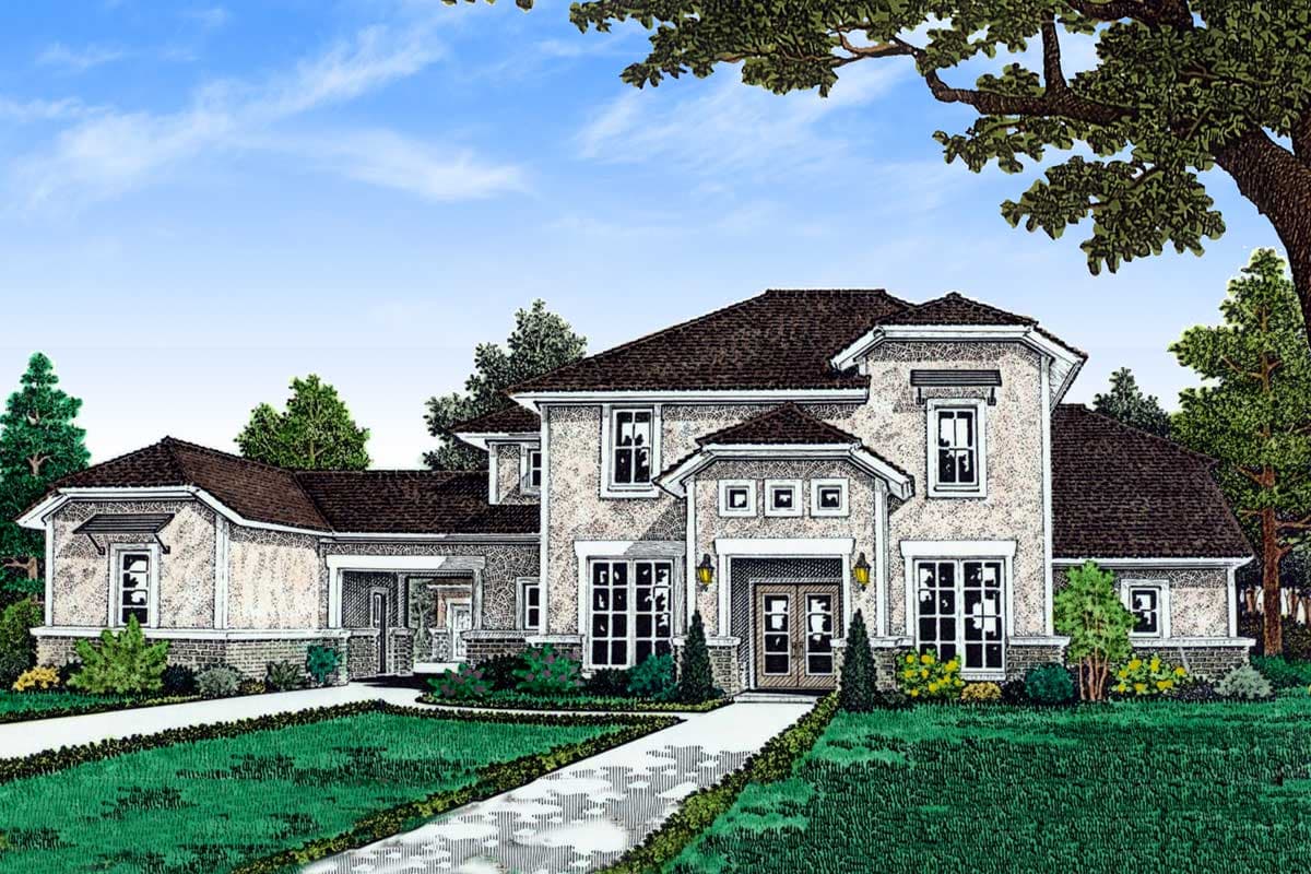House plan exterior. Two-story home with a gabled roof, multiple dormers, and a covered front entry.  Stucco facade with brick accents.