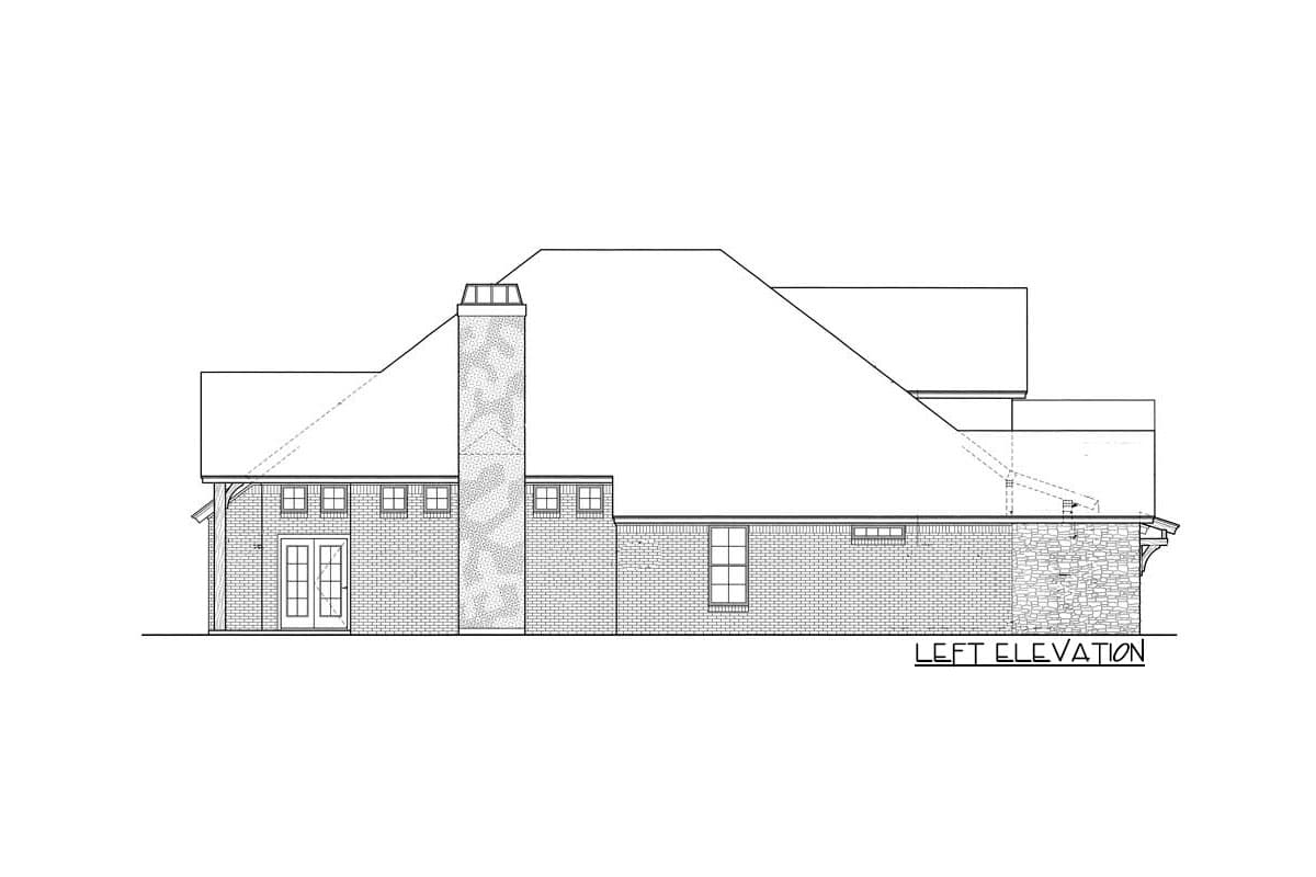Left elevation of house plan showing brick exterior, large pitched roof, prominent chimney, and multiple windows.