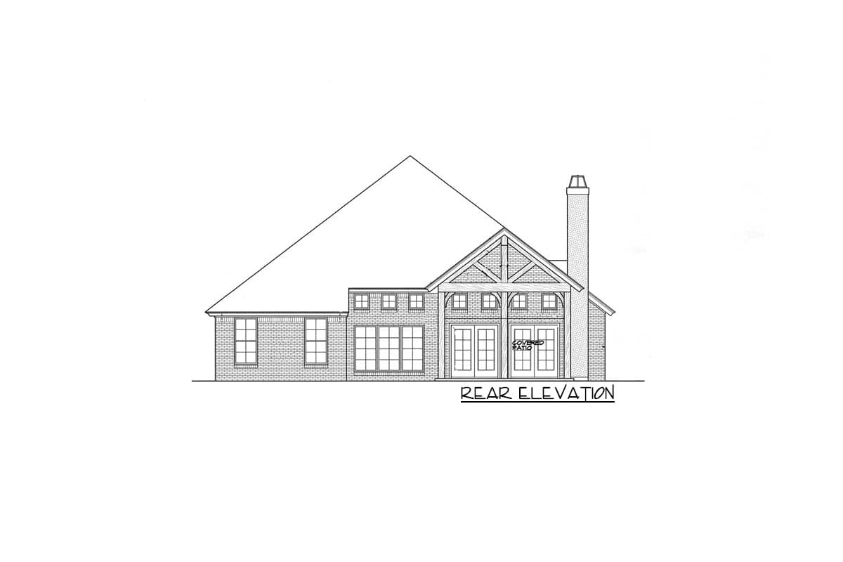 Rear elevation house plan drawing shows a brick house with gabled roof, prominent chimney, and covered patio entrance with double doors.