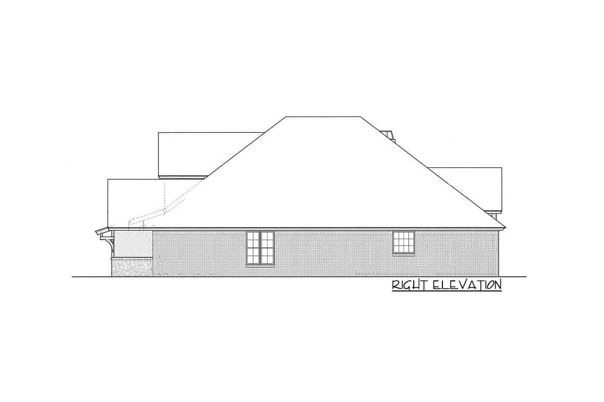 House plan right elevation drawing showing brick exterior with stone accents and multi-level rooflines.