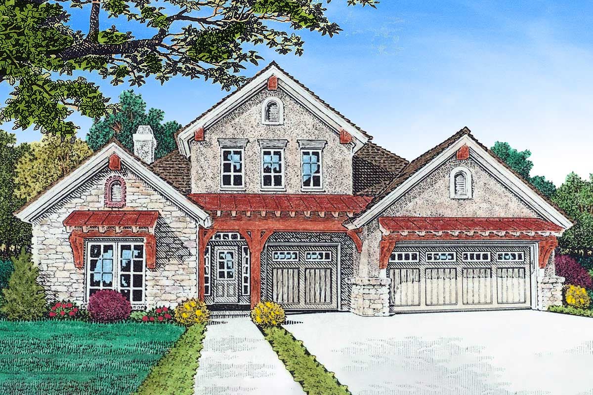 House plan exterior with stone veneer and gabled roof. Features a pergola over the entrance and a pair of two-car garages.