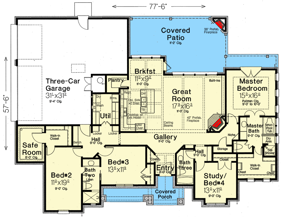 Plan 48600FM: One-level Hill Country House Plan with Safe Room - Floor Plan - Main Level - Country, Craftsman, Hill Country, Ranch, Traditional