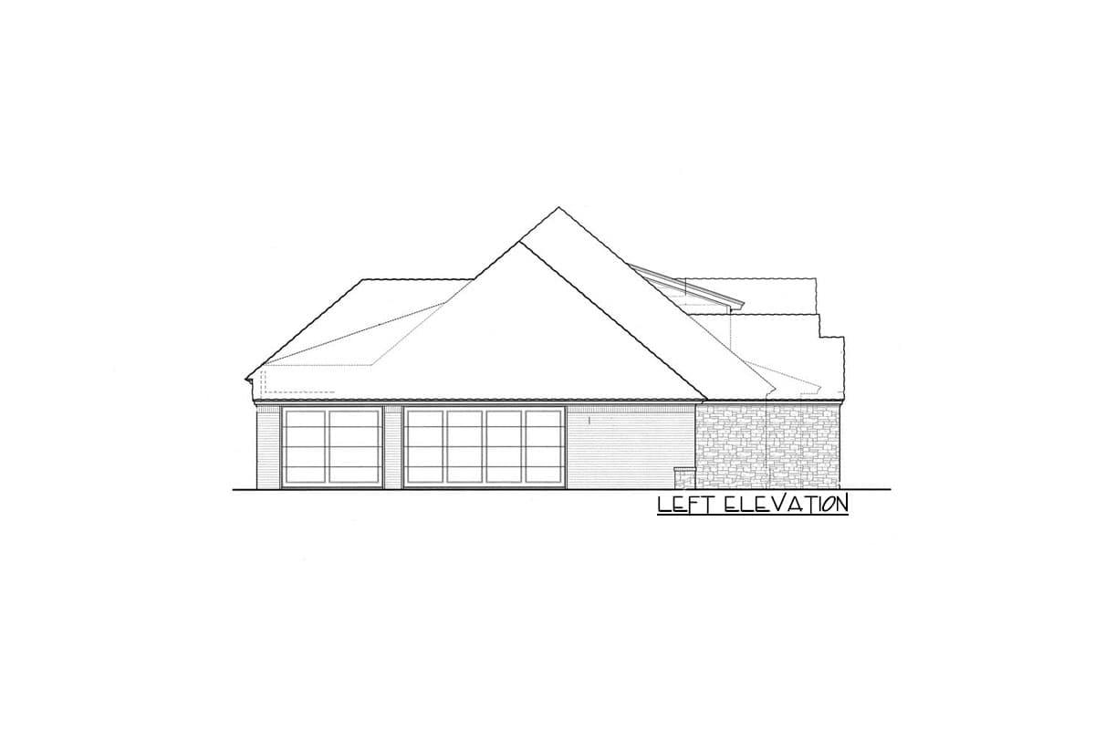 Left elevation house plan showing a gabled roofline, horizontal siding, stone base, and multiple windows.