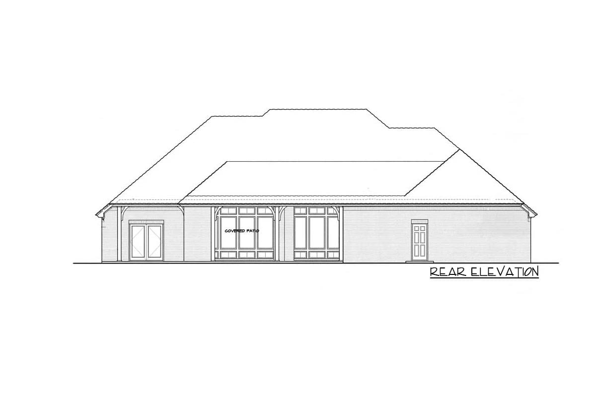 Rear elevation drawing of a house plan with a covered patio, multiple windows, and a double door.