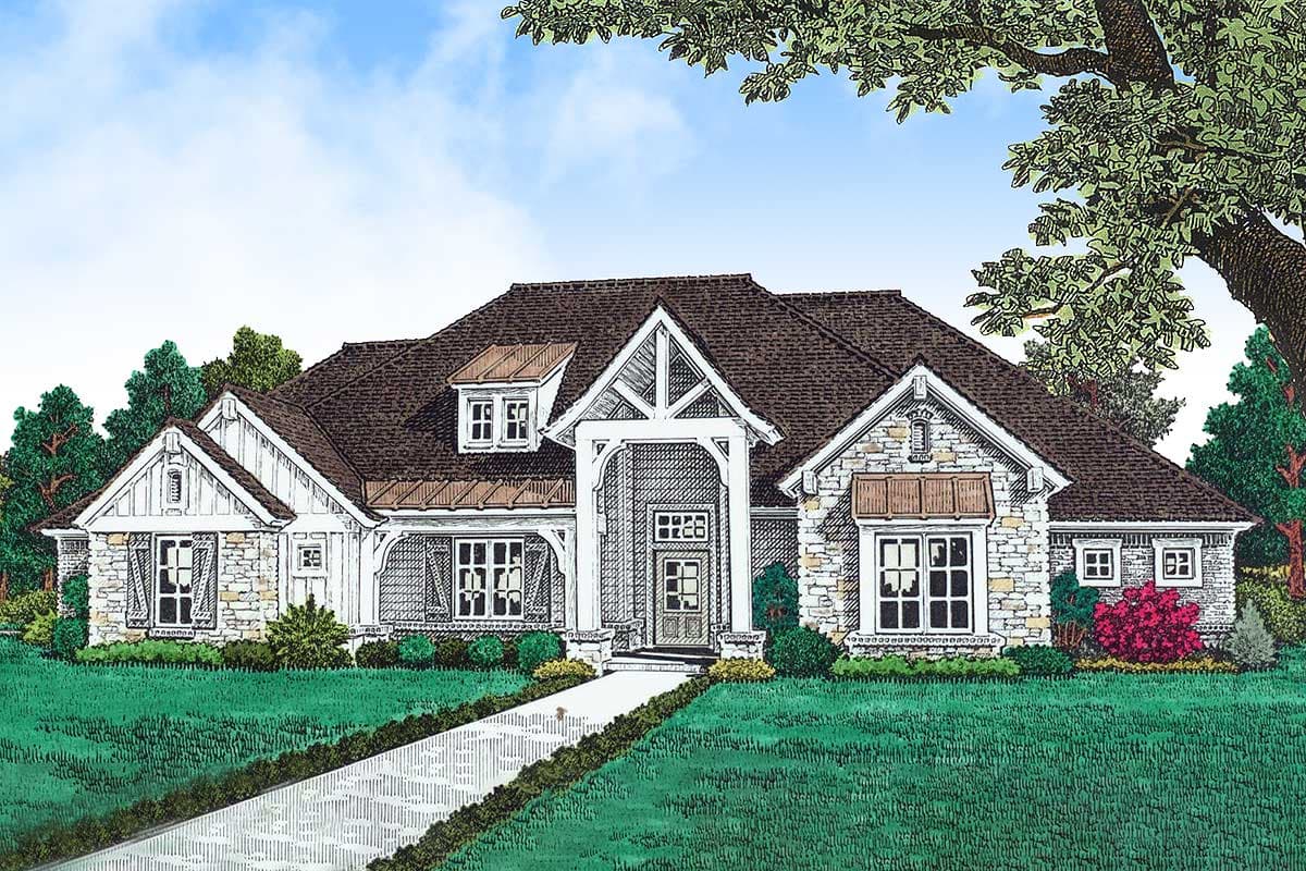 House plan exterior. Craftsman style, single-story home with a gabled roof, stone accents, and a covered porch with supporting columns.