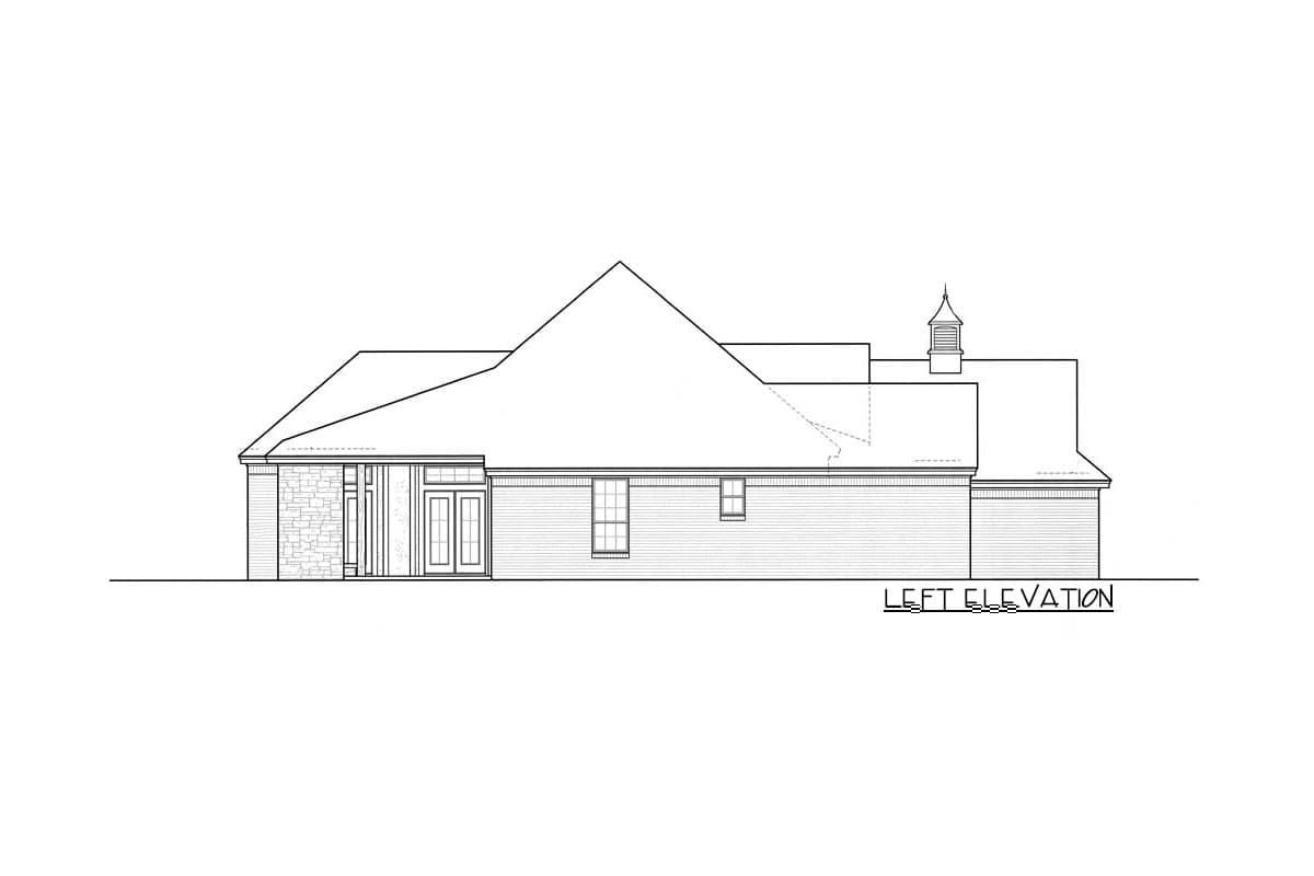 Left elevation house plan: single-story, gabled roof, stone accents, double doors, and a cupola.