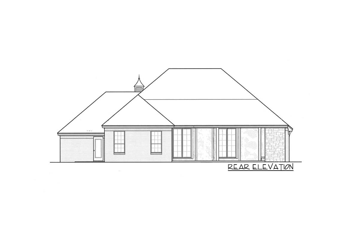 Rear elevation drawing of a one-story house plan, featuring a dormer, varied window styles, and stone accents.