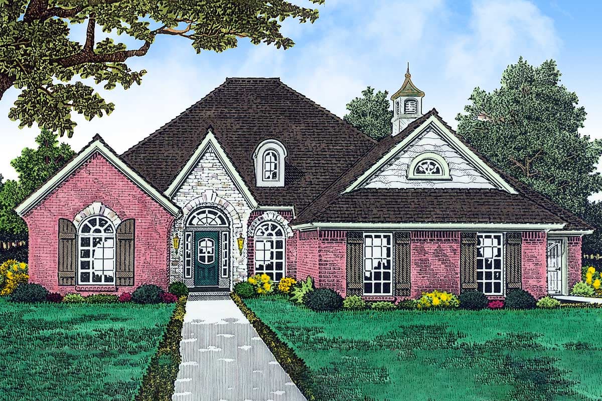 House plan exterior. Two-story with brick and stone facade, multiple gables, arched windows, and a cupola. Includes shutters and front walkway.